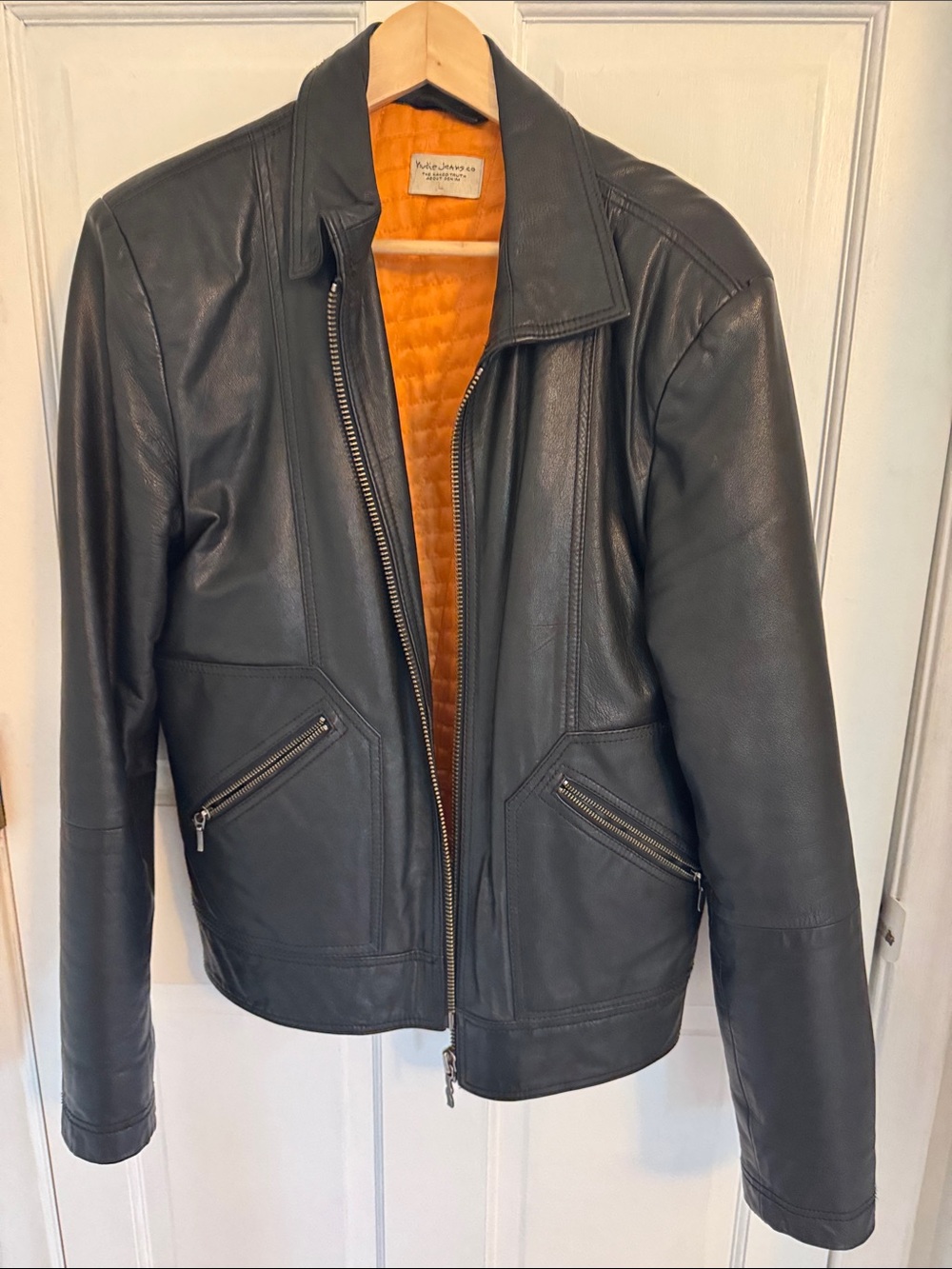 Nudie Jeans Black Leather Bomber Jacket with Orange Quilted Lining